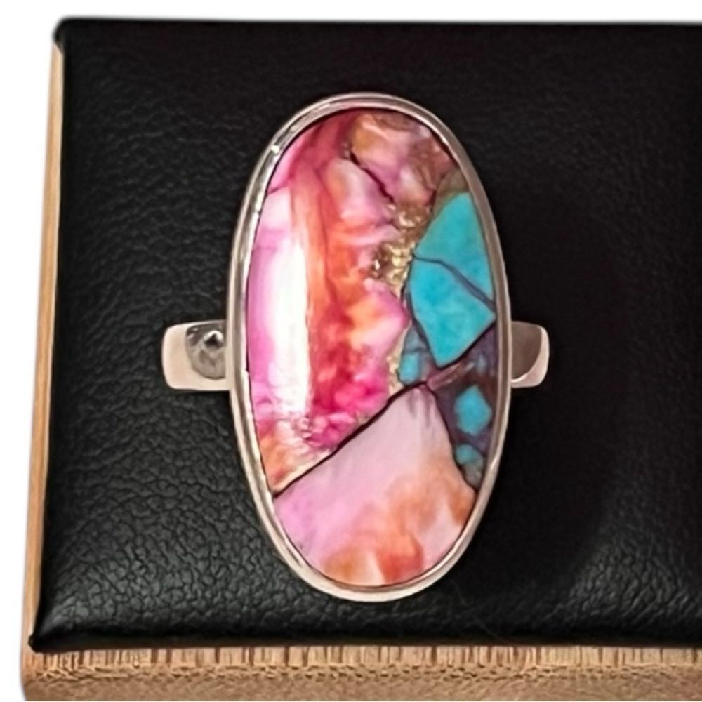 Oval Pink Dahlia Blue Turquoise Copper Sterling Silver Ring Size 7